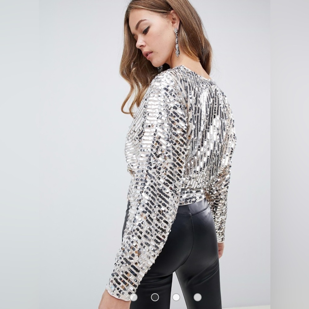 ASOS DESIGN long sleeve batwing sequin wrap top‎ Women’s Size 10 - Picture 2 of 8